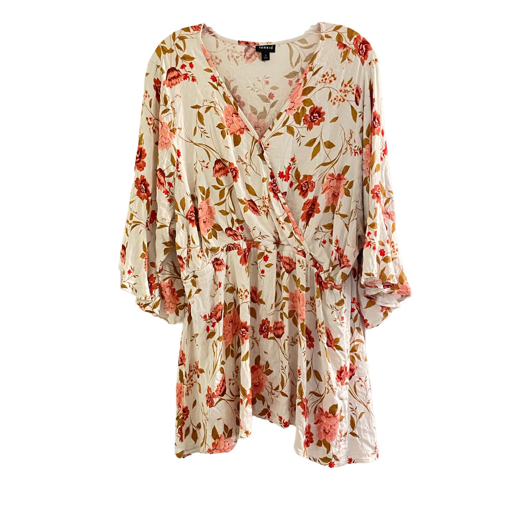 Torrid Ivory Floral Faux Wrap Blouse Top Sz 3 3X Multicolor 3/4 Sleeves Flowy